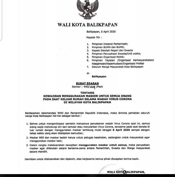 Kewajiban menggunakan masker untuk semua orang pada saat Keluar rumah selama wabah virus corona di wilayah Kota Balikpapan