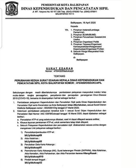 Surat Edaran Tentang Perubahan Kedua Surat Edaran Kepala Dinas Kependudukan Dan Pencatatan Sipil Kota Balikpapan Nomor: 470/408/DISDUKCAPIL