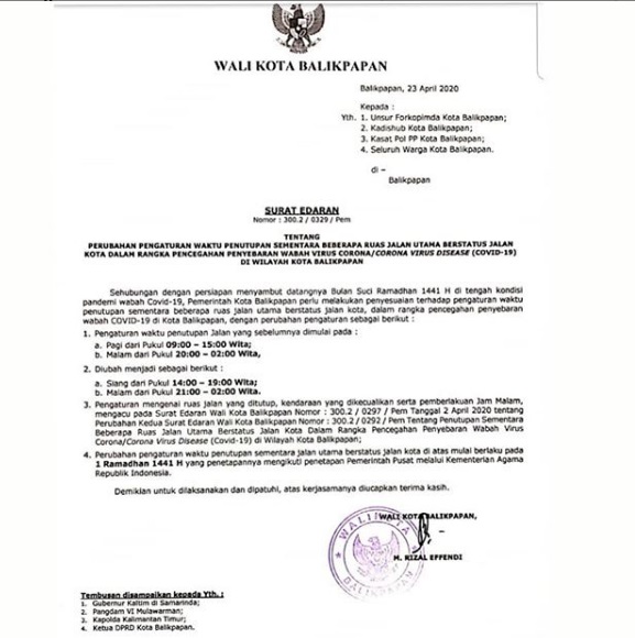 Surat Edaran Tentang Perubahan Pengaturan Waktu Penutupan Sementara Beberapa Ruas Jalan Utama Berstatus Jalan Kota Dalam Rangka Pencegahan penyebaran Wabah Virus Corona/Corona Virus Disease (Covid-19) Di Wilayah Kota Balikpapan