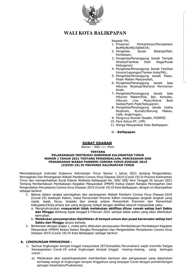 Surat Edaran Nomor: 300/321/Pem Tentang Pelaksanaan Instruksi Gubernur Kalimantan Timur  Nomor 1 Tahun 2021 Tentang Pwngwndalian, Pencegahan dan Penanganan Wabah Pandemi Corona Virus Disease 2019 (Covid 19) di Provinsi Kalimantan Timur