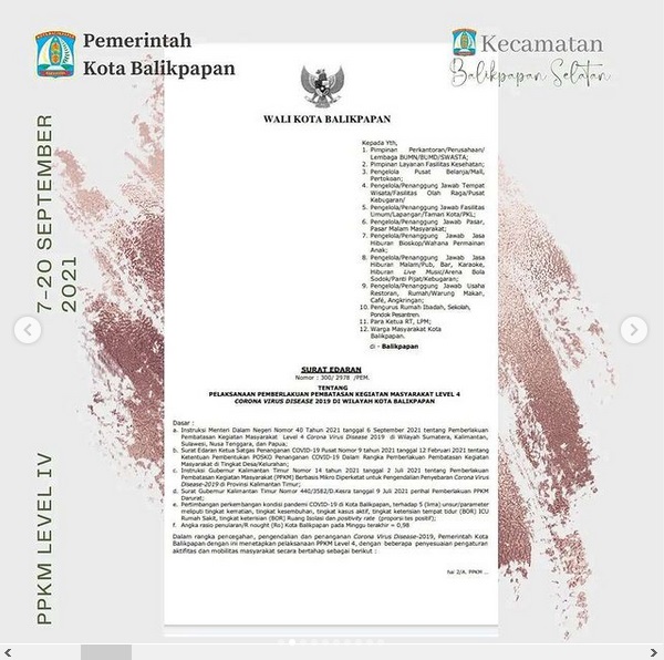 Edaran Wali Kota Balikpapan tentang Pelaksanaan Pemberlakuan Pembatasan Kegiatan Masyarakat Level 4 Corona Virus Disease 2019 di Wilayah Balikpapan. 